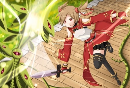 Beast Tamer - pretty, anime, female, long hair, armor, monster, battle, sword art online, hd, fight, sao, nice, silica, anime girl, beautiful, girl, sword, beauty, lovely, brown hair, sweet, blade, cg, angry, sinister