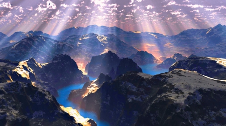 Divine Rays On Mountains - magic lights, sunbeams, sky, clouds, beautiful, fog, snowy peaks, mountains