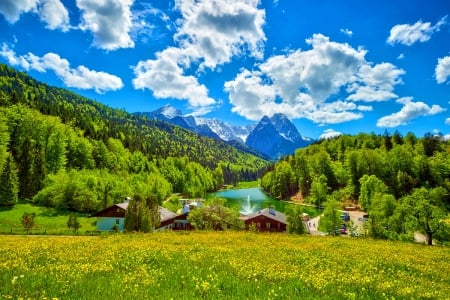 Riessersee, Upper Bavaria - clouds, Germany, yellow, blue, beautiful, spring, forest, pasture, wildflowers, white, green, lake, mountains, houses, sky