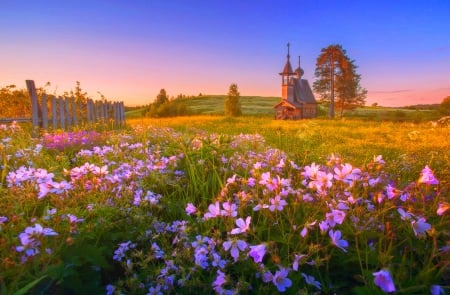 Spring Sunset - fence, trees, old church, hills, springtime, sunset, meadow, beautiful, flowers, pasture, wildflowers