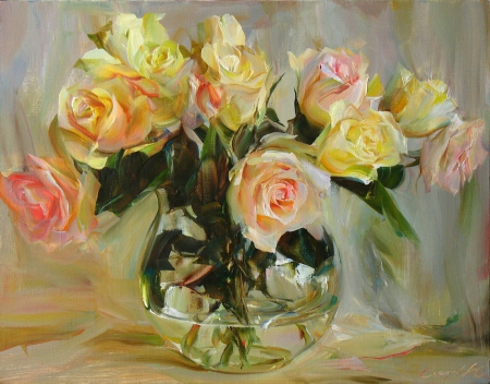 Painting - flowers, roses, abstract, painting, pink