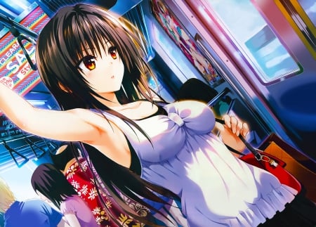 Bus Ride - anime, people, female, window, maiden, bag, long hair, gorgeous, hd, anime girl, beautiful, hot, girl, beauty, brown hair, cg, crowd, standing, shirt, blouse, stand, lady, awesome, bus, sexy