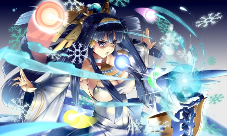 Isis - beauty, realistic, female, hot, magic, video game, isis, anime girl, sinister, game, anime, sexy, girl, long hair, snowflakes, cg, blue hair, hd, flakes, beautiful, weapon