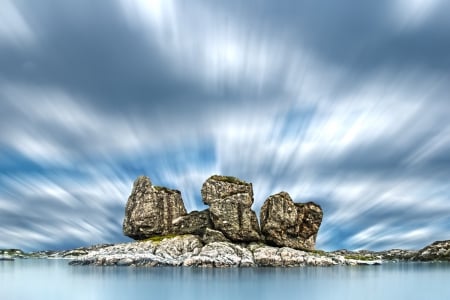 Three Rocks - three rocks, blue, clouds, sea, exotic