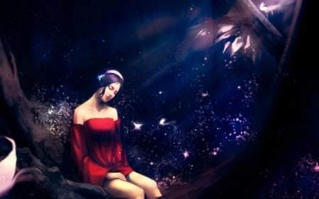 magical nights - night, girl, blue, flower