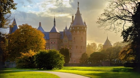 Autumn Morning - clouds, season, mist, sunrise, castle