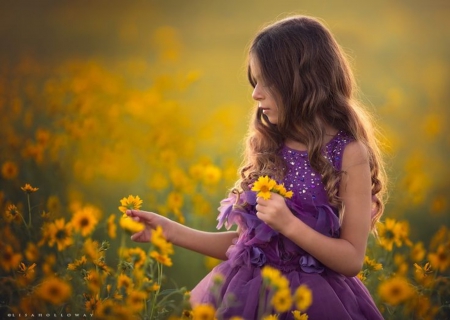 Gathering Sunshine - flowers, splendor, girl, field of yellow flowers, sunshine