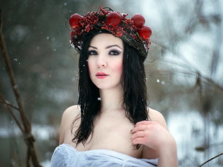 Snow Beauty - woman, pretty, wreaths, snow