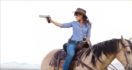 Cowgirl Shooting - gun, horse, hat, cowgirl, mountains, brunette