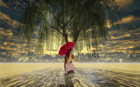 Under The Tree - red, tree, umbrella, woman