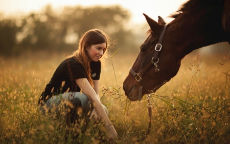 Girl and Her Horse - horse, cowgirl, field, female, brunette