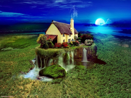 A Little Piece of the World - flowers, home, clouds, smoke, moon, waterfalls, bushes, house, trees