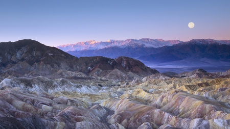 Twilight Death Valley - moon, geological, California, sunset, Mojave Desert, Death Valley, mountains, sky