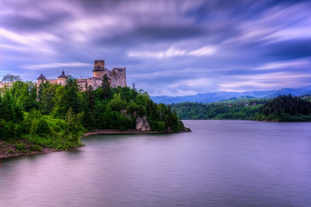 Riverside - castle, trees, water, clouds