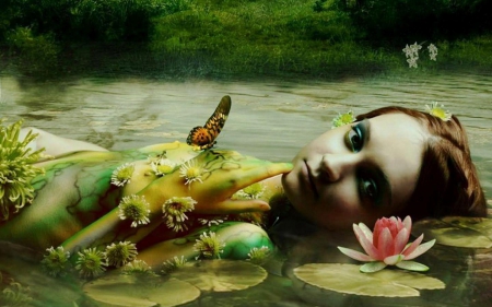 magical pond - butterfly, girl, magical, pond, flower