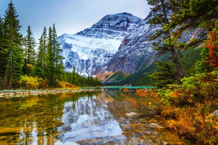 Cavell Lake, Canada - beautiful, autumn, snowy peaks, lake, forest, mountains, reflection, crystal clear water