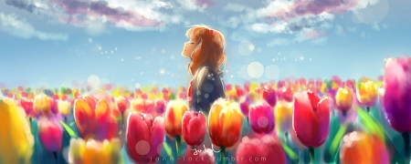 Fields of Tulips - flowers, sky, girl, tulips