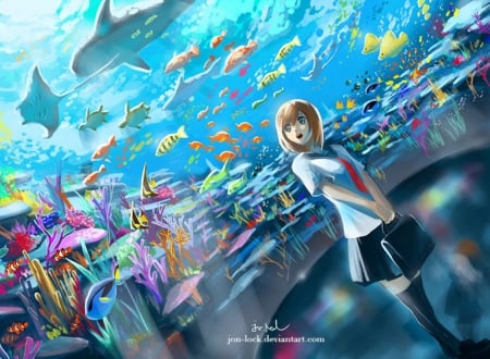 Aquarium - sharks, fish, girl, blue