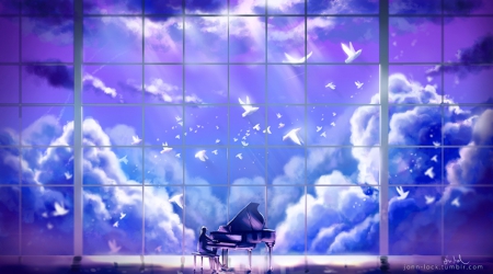 The Birds of Symphony - piano, purple, abstract, birds