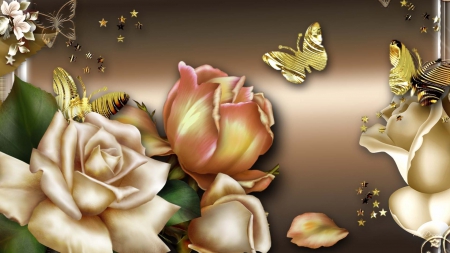 Shiny roses and butterfly - butterfly, abstract, rose, flower