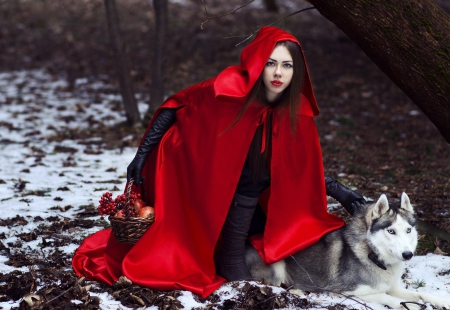 Red Riding Hood - basket, winter, lady, dog