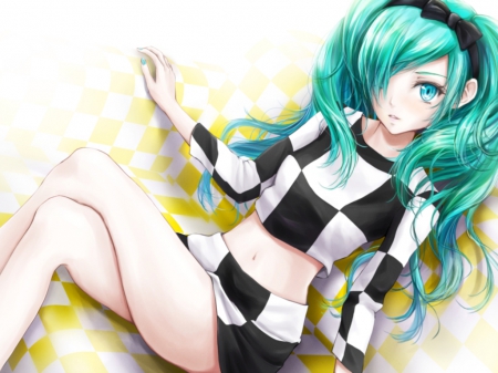 Checker - anime, yellow, female, maiden, green eyes, green hair, long hair, gorgeous, anime girl, laying, checkers, beautiful, hot, girl, beauty, floor, black, white, lady, sexy, lay