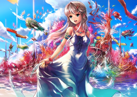 Sea of Mirai - pretty, anime, magic, female, maiden, dress, long hair, happy, gorgeous, hd, nice, smiling, gown, anime girl, water, reef, beautiful, coralreef, girl, sundress, beauty, lovely, brown hair, sweet, cg, fantasy, smile, coral, coral reef, lady, underwater, fish