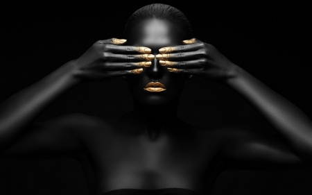 Black beauty - woman, beauty, girl, make-up, black, model, hand, golden, blind