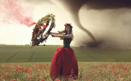 Pink tornado - woman, tornado, girl, field, fantasy, creative, storm, red, umbrella, pink, green, dress, flower