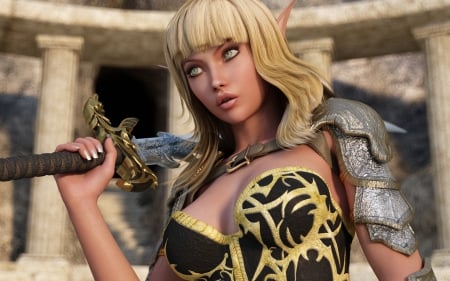 Warrior elf - woman, elf, girl, warriro, sword, fantasy, blonde