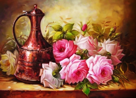 Still life with roses - roses, flower, pink, still life, leaves, frgrance, painting, dcent, art