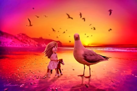 BEST FRIENDS - doll, mountains, pink shades, bird, abstract, toy, fantasy, splendor, sunset, sea, waves, paradise