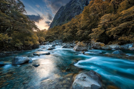 Sunset Over the Mountains - stone, nature, landscape, trees, water, mountains, sunset, wave