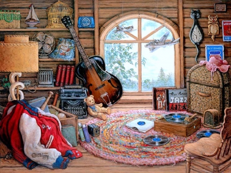 â˜…Attic Treasuresâ˜… - guitar, albums, sweater, creative pre-made, clocks, pretty, decorations, interior, treasures, lamp, paintings, cute, attractions in dreams, toys, attic, lovely, jacket, love four seasons, chair, beautiful, colors, disk