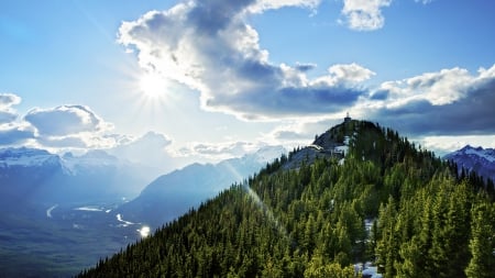 Sulfur Mountain in Canada - nature, mountains, trees, clouds