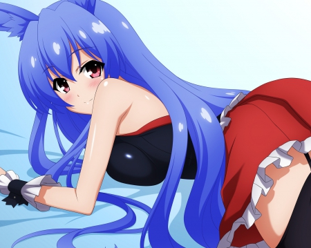 KuroUsagi - anime, kawaii, female, ears, scene, dress, lying, long hair, blue hair, sit, usamimi, usa mimi, sitting, gown, anime girl, laying, beautiful, girl, beauty, cute, adorable, lay