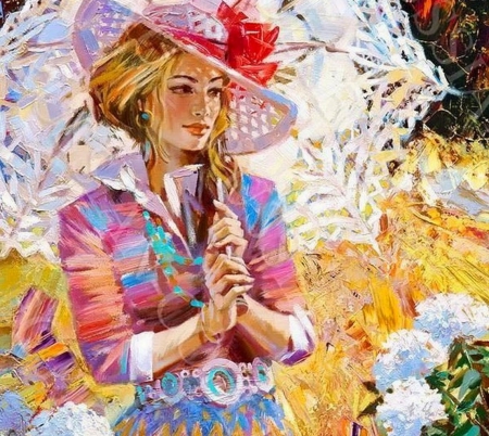 Painting - painting, flowers, girl, umbrella