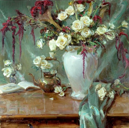 Still life - flowers, vase, painting, roses