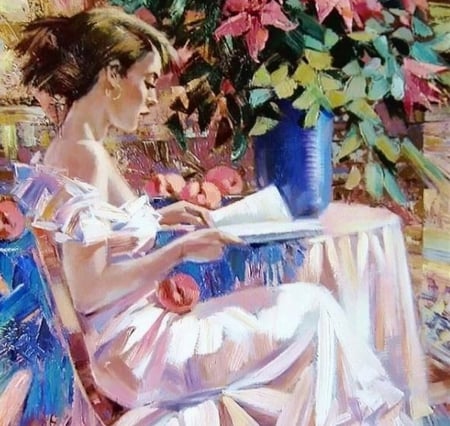 Painting - painting, lady, reading, model