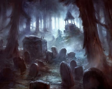 Forgoten Cemetery - trees, dark, fantasy, graves, mist