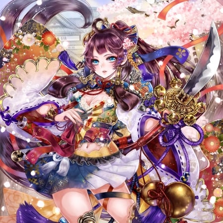 Samurai Maiden - pretty, anime, multicolor, colour, female, warrior, maiden, colourful, long hair, gorgeous, katana, hd, weapon, color, nice, anime girl, beautiful, girl, sword, beauty, kimono, lovely, brown hair, sweet, yukata, blade, cg, colorful, lady, multicolour