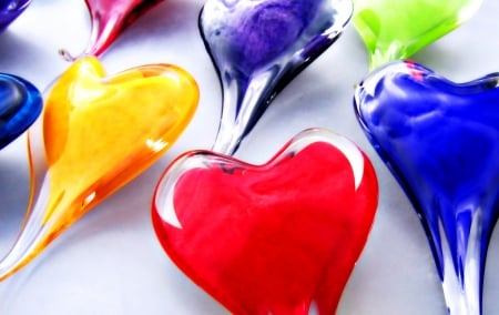 Hearts - red, glass, yellow, blue, white, rainbow, valentine, heart, day, green