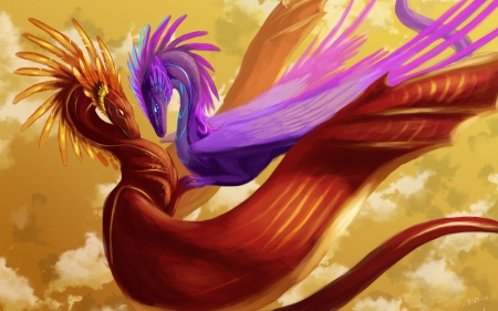 Dragons - art, couple, pink, orange, dragon, wings, fantasy