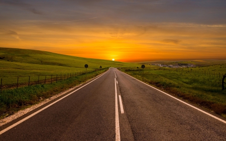 Amazing Sunset - fields, amazing, road, sunset