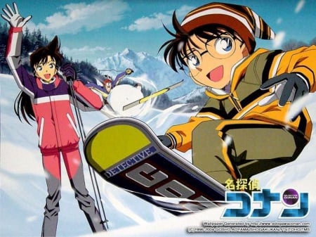 Detective Conan - male, megane, female, snow, winter, conan edogawa, detective conan, ran mouri