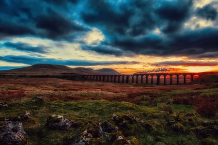 Morning Landscape - clouds, steam, train, railway, sun, sky