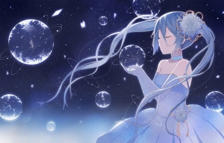 Crystal Planet - nice, beauty, female, magic, twintail, anime girl, fantasy, miku hatsune, crystal, pretty, anime, miku, twin tail, hatsune miku, girl, twintails, long hair, d, gown, lovely, cg, hatsune, vocaloids, hd, blue hair, twin tails, vocaloid, blue, beautiful, sweet, dress