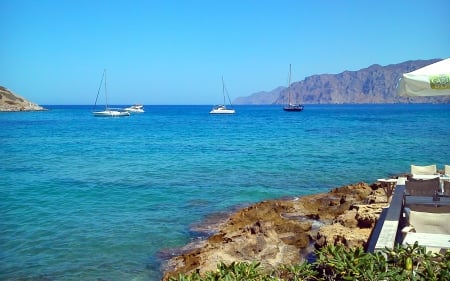 AUGUST - boats, shore, summer, blue, sunshine, sea