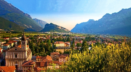 Arco sul Lago di Garda_Italy - nice, sky, italy, trees, roofs, panorama, mountains, monument, antique, view, ruins, architecture, green, medieval, old, landscapes, building, ancient, hills, italia, village, town, alps, homes, flowers, colors