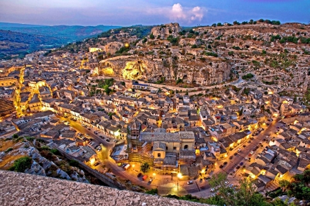 Scicli_Italy - town, evening, night, light, mountain, view, old, landscapes, nice, sky, sun, clouds, city, colors, architecture, Italia, buildings, village, street, homes, sunset, ancient, green, Italy, panorama, rocks